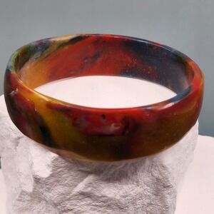 Multicolor Swirl Resin Wide Bangle Bracelet Red Amber Navy Chunky Statement